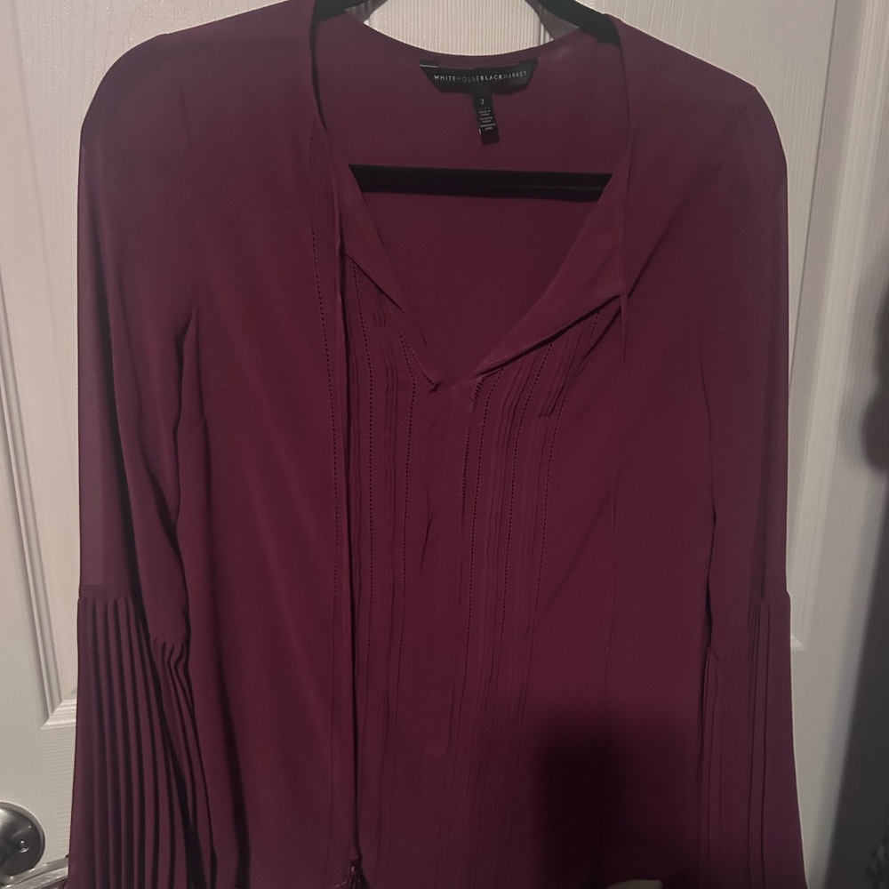 White House Black Market Plum Pintuck Tie-Neck Blouse